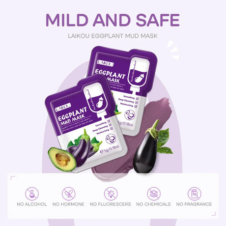 5pcs LAIKOU Eggplant Mud Mask Oil Control Moisturizing Anti-Acne Anti Wrinkle Whitening Cleansing Clay Mask Skin Care Face Mask