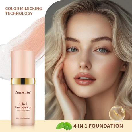 SPF30+Color Changing Foundation 4 in 1 Sun Liquid Moisture Waterproof Nourishes Coverage for All Skin Types Free Puff