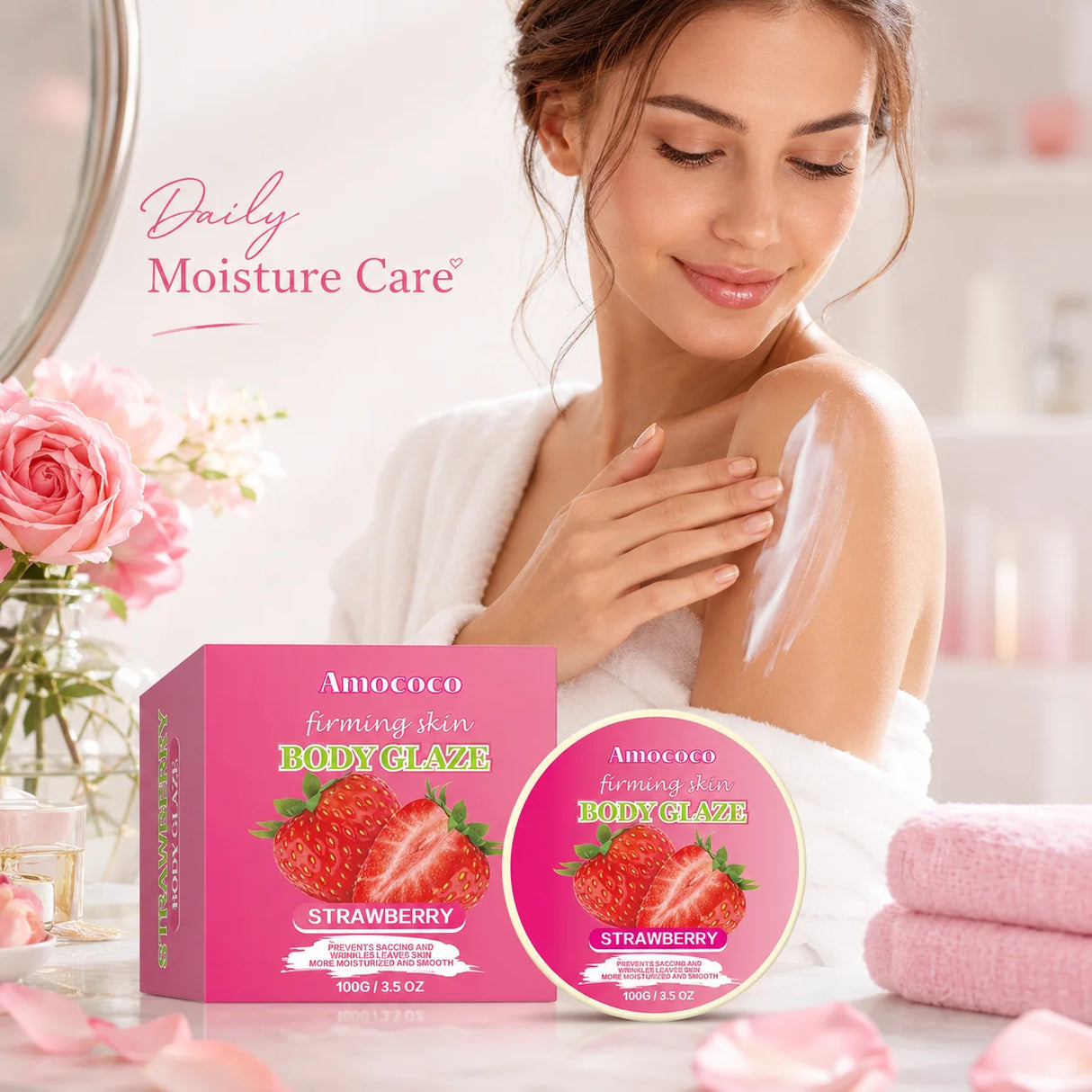 Strawberry Body Glaze Firming Skin Body Cream100g Moisturizing Body Butter Body Lotion Smooth Fine Lines Anti Dry Rough Skin Luminous Soft Non Greasy Strawberry Scent For All Skin Daily Skin Care