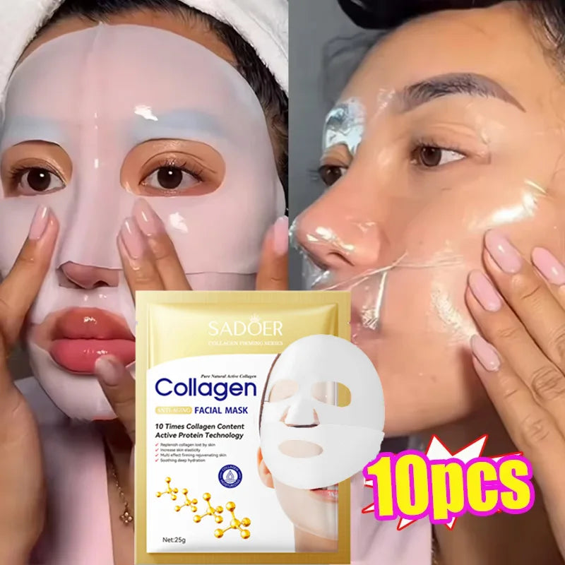 10pcs Korean Collagen Anti Wrinkle Facial Mask Fade Fine Lines Anti Aging Firm Skin Moisturizing Brightening Skincare Mask