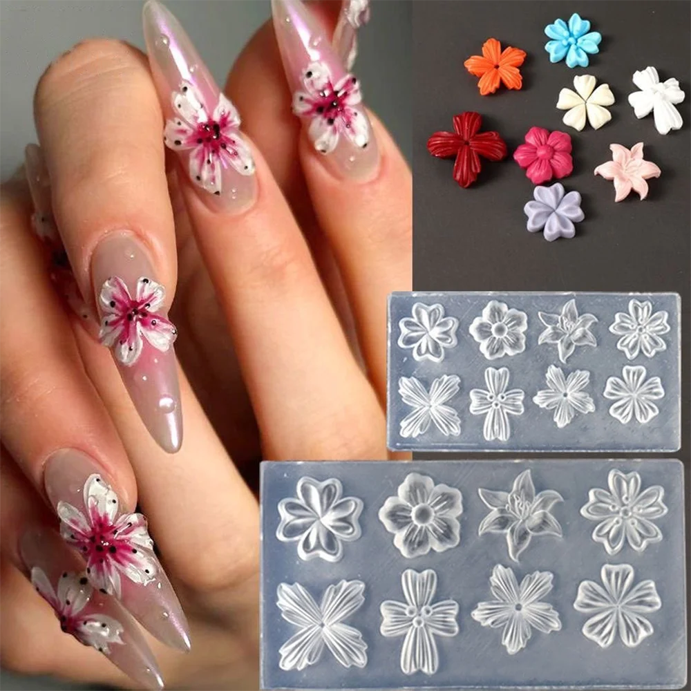 Ice Flower Nail Silicone Mold Lily Five-Petal Flower Nail Transparent Mold 3D Pink Floral Shape Decoration Manicure Design Tools