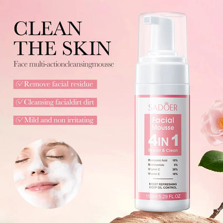 SADOER 4 in 1 Facial Mousse Face Wash Foam Facial Cleanser Moisturizing Brightening Hydrating Face Cleansing Skin Care Products