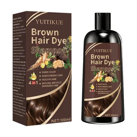YUITIKUE Brown Hair Dye Shampoo | 4-in-1 Color, Moisturize, Nourish, Natural Ginger Formula 100ml