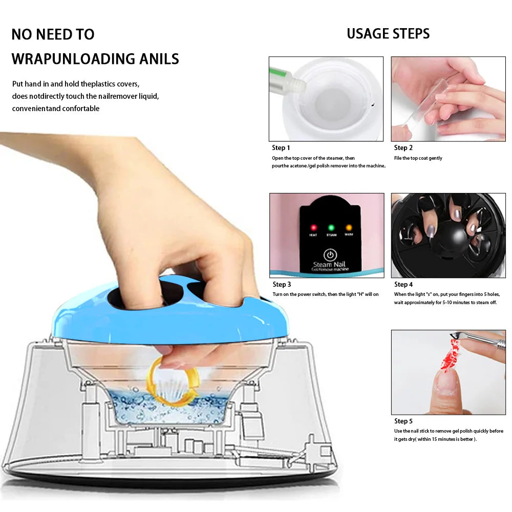 110V-220V Upgraded Steam Nail Polish Remover Machine Steamer with Color Cuticle Pusher Spoon Tools for Nail Gel Polish Removal