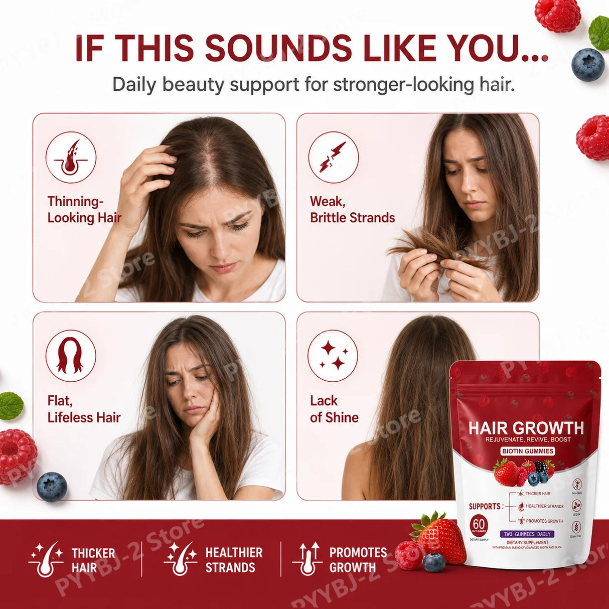 Women Hair Growth Vitamin Gummies Healthy Nourishment with Biotin Collagen Botanical Extracts Also for Skin Nail Care 60count