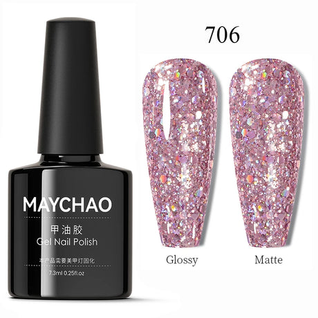 MAYCHAO Glitter Gel Nail Polish 7.3ml Semi-permanent Sequins Shiny Gel Base Top Coat Soak Off UV LED Varnish Nail Art Decoration