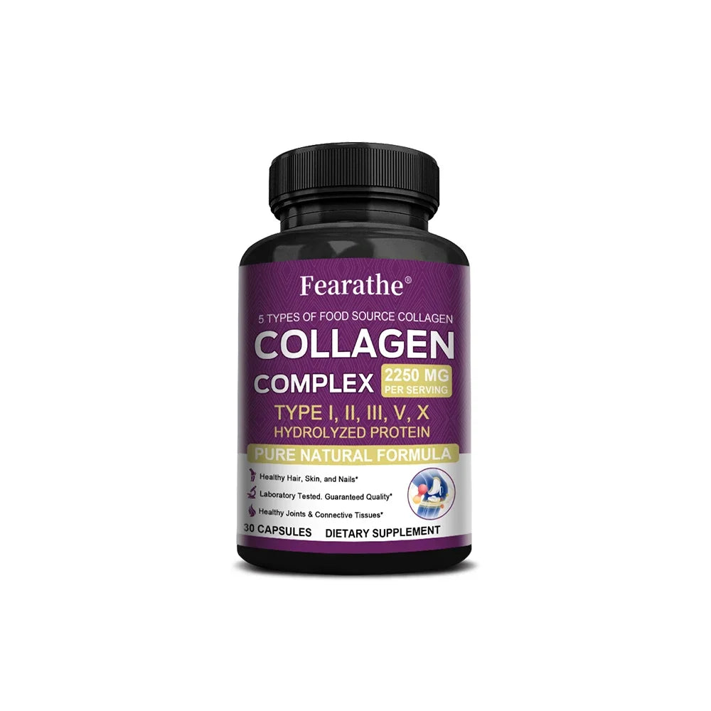 Multi Collagen Complex Capsules, 5-Type Collagen Peptides, Support Skin Hair Nail Joint Bone Nutrition Immune & Digestive Health