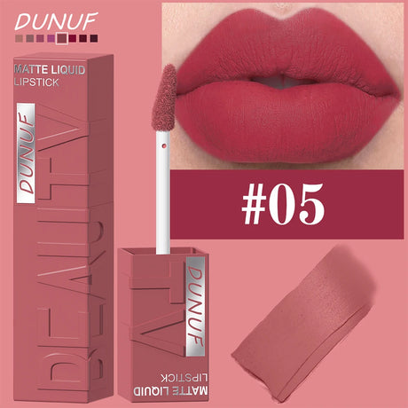 DUNUF 8-Color Matte Velvet Smooth Easy-to-Apply Square Tube Lip Gloss Waterproof Three-Dimensional Plumping Lipstick