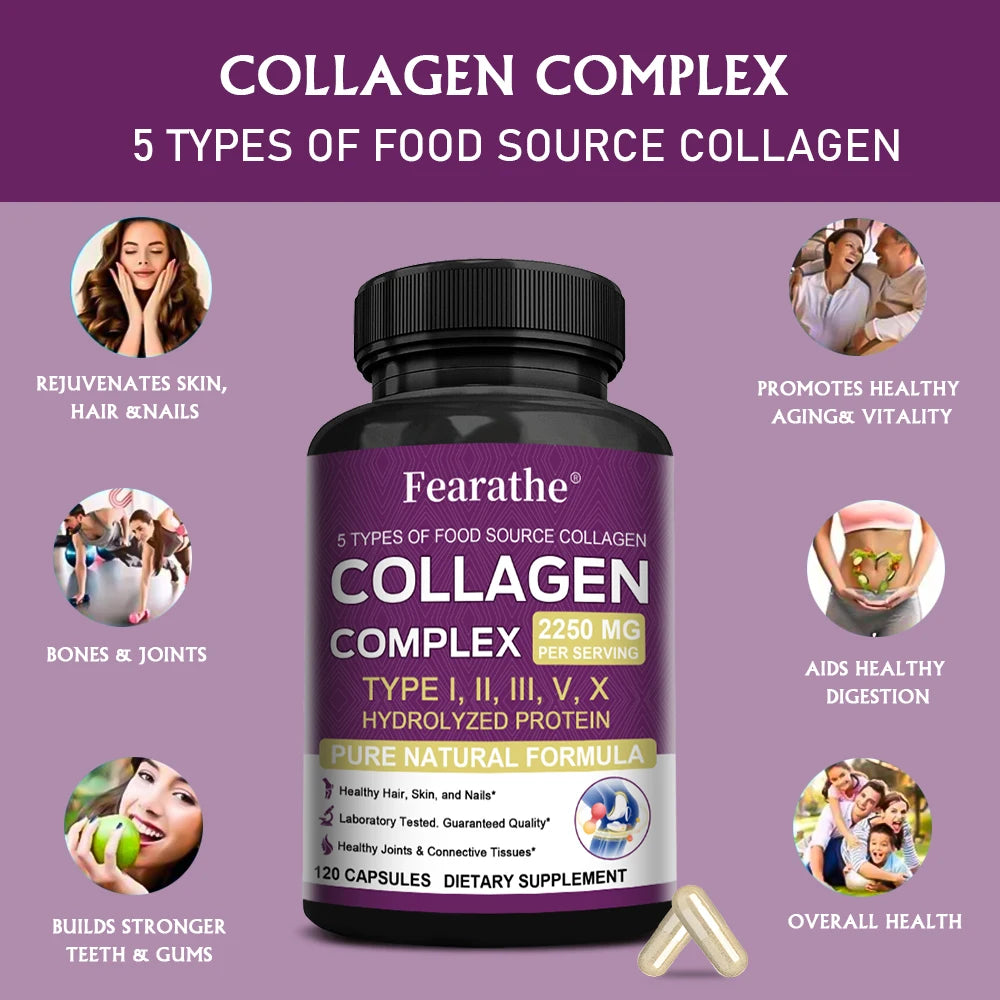 Multi Collagen Complex Capsules, 5-Type Collagen Peptides, Support Skin Hair Nail Joint Bone Nutrition Immune & Digestive Health