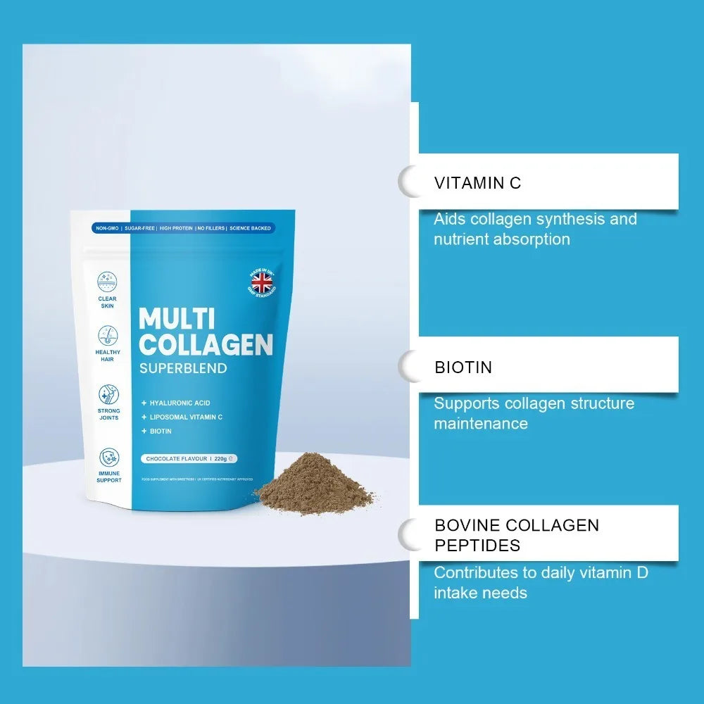 Hydrolyzed Multi Collagen Powder with Hyaluronic Acid, Liposomal Vitamin C Biotin and Grape Seed Extract Chocolate Formula 220g
