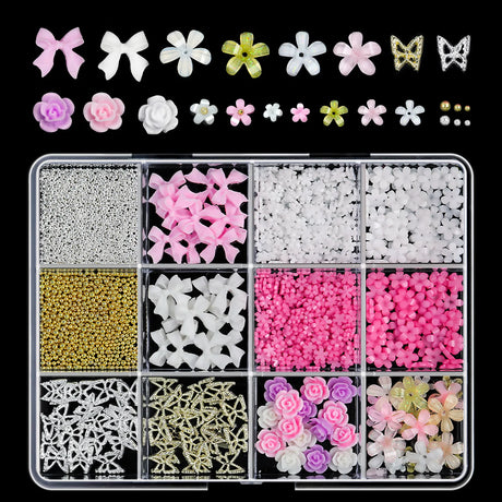 12Grids/Box 3D Mixed Bowknot Pearl Heart Nail Charms Flatback Resin Flower,Star,Moon Nail Rhinestones DIY Nail Art Decorations &
