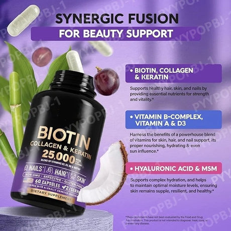 Biotin Capsules Contain Collagen and Vitamin B2, B3, B6 & B7 for Women Men Hair Care Supplements Skin & Nails Support 60 Pieces