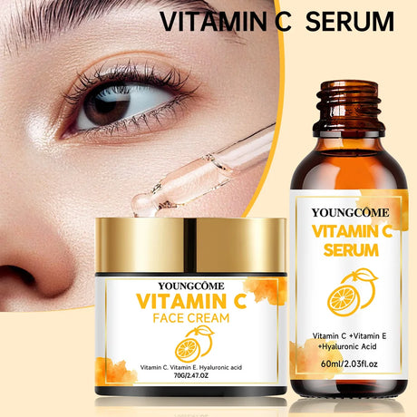YOUNGCOME Vitamin C Skin Care Set For Women , Moisturizing Hyaluronic Acid Skin Care Routine with Serum, Face Cream 70g+60ml