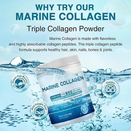 Marine Collagen Peptides Powder Type I & III with Hyaluronic Acid Vitamin C Unflavored Beauty Supplement Skin Hair Nails 12.35oz