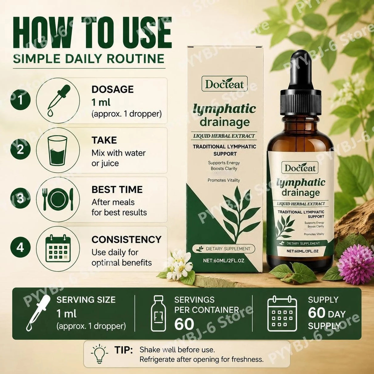 Docteat Lymphatic Drainage Liquid Herbal Extract with Boosts Clarity Supports Energy and Promotes Vitality Easy To Use 60 ML