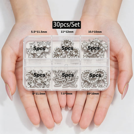 30/60pcs/Box 3D Luxury Metal Nail Art Decorations Alloy Shiny Rhinestones Pearl Gems Zircon Diamond Charms DIY Nail Accessories