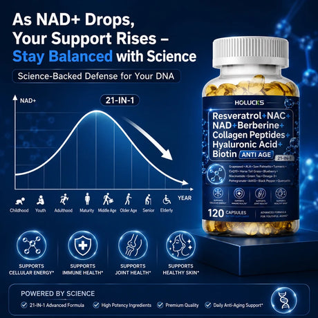 Resveratrol+NAC+NAD+Collagen Peptides+Hyaluronic Acid+Biotin Capsules, Boost Energy & Focus, Anti-Aging, Cellular Vitality