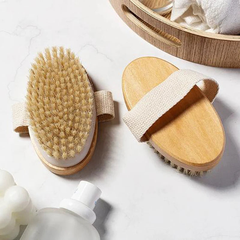 Wet Dry Skin Body Brush Natural Pig Bristles Dry Skin Exfoliating Body Massage Cleaning SPA Tool For Cellulite Lymphatic Drainag
