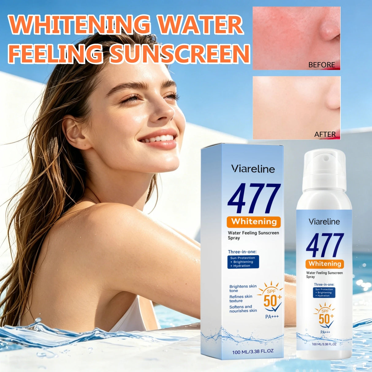 Whitening Sunscreen Spray SPF50+ Lasting Anti UV Lightweight Refreshing Clear Waterproof Water Feeling Hydrating Sun Care Mist