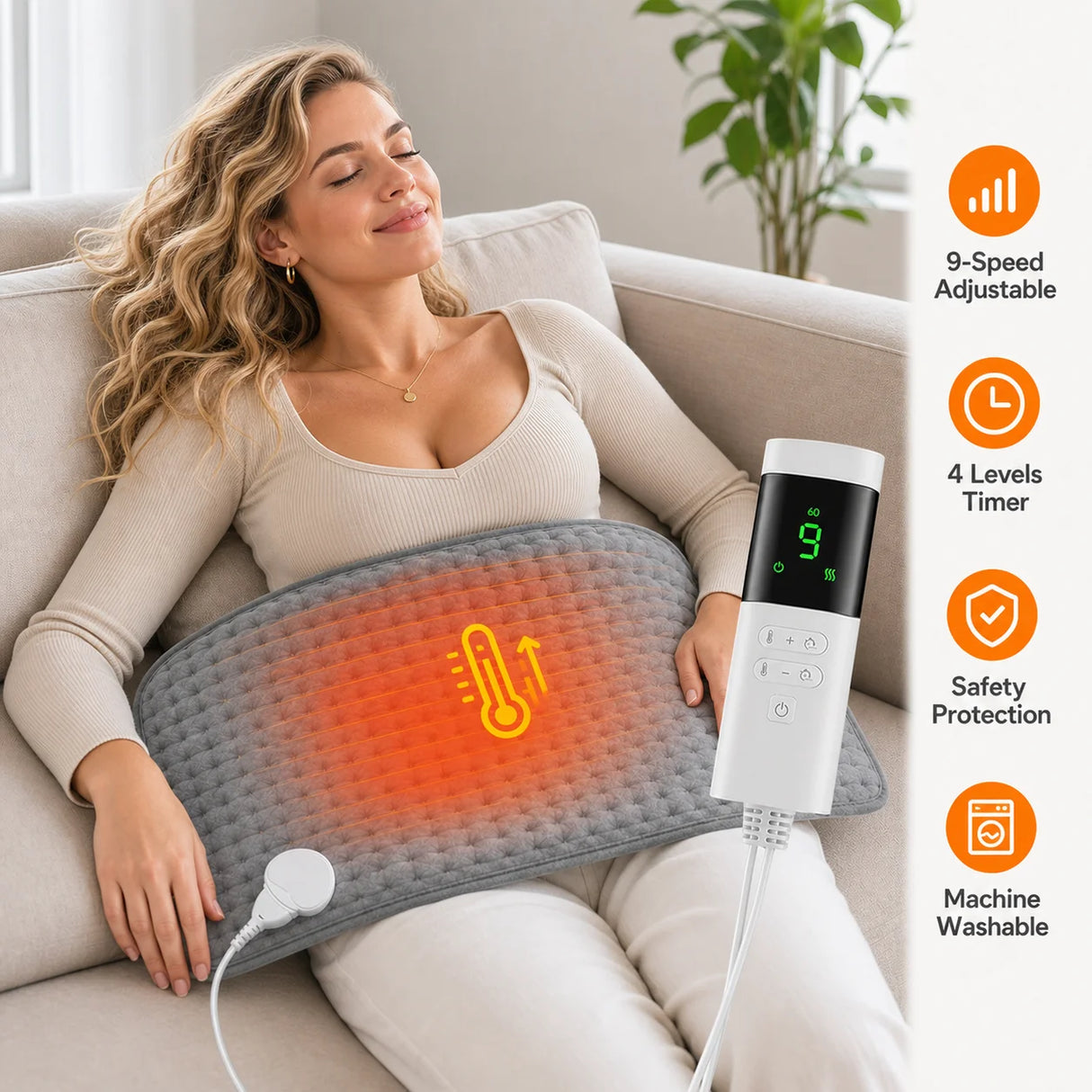 Electric Heating Pad with 9 Heat Settings 4 Timers, Soft Plush USB Washable Heated Mat for Back Neck Belly Office Home