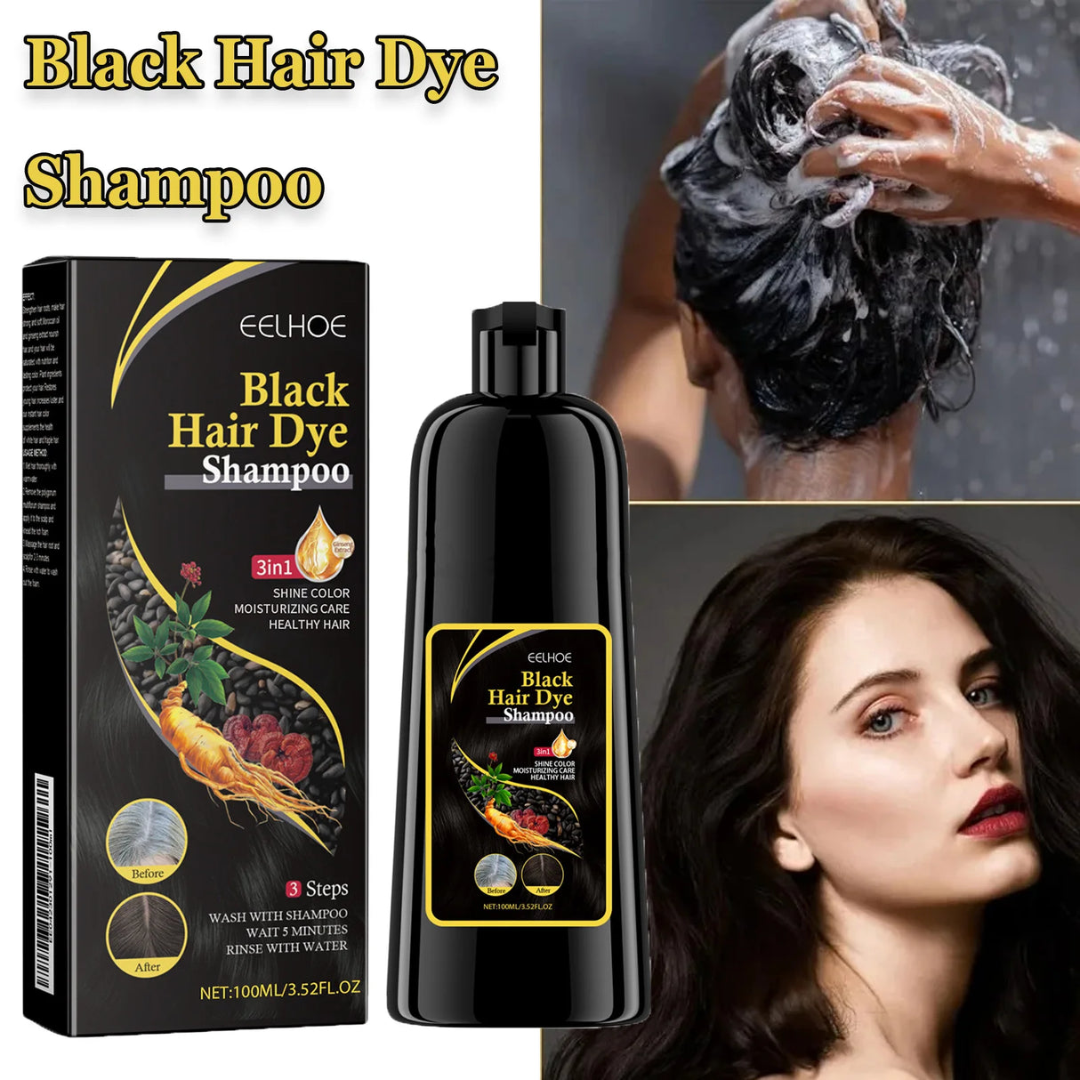 Black Hair Colouring Shampoo 3 in 1 Natural Herbal Essence Instant Colouring Shiny Hair Dye Shampoo Cleaning Nourishing Hair for Covering White