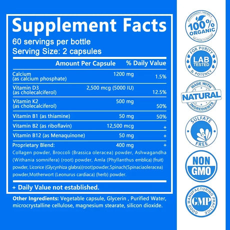 Calcium + D3 + K2 + B12 Capsules - Support Bone and Muscle Health, Replenish Joints