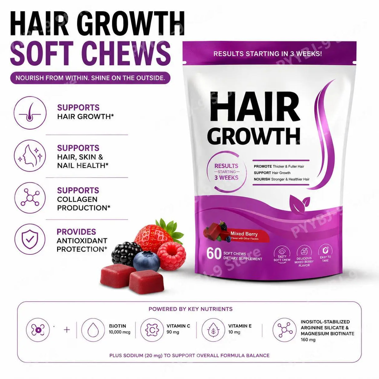 Hair Growth Gummies with Biotin and Vitamins C and E Support Hair Skin and Nails Health Mixed Berry Flavor 60 Gummies
