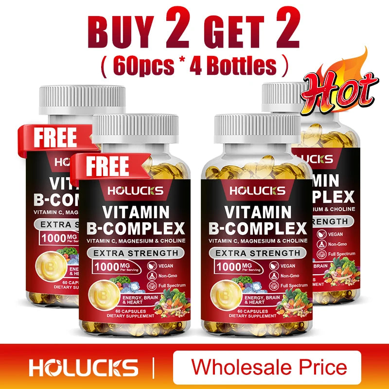 Vitamin B Complex Supplement, Rich in B1, B2, B3, B5, B6, Biotin, Strength Energy, Support Brain & Heart, Promote Metabolism