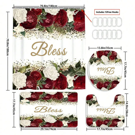 1/4pcs Complete Bathroom Set with Rose Blessing Printed Pattern, Elegant Modern Design for Home Decor, Shower Curtain