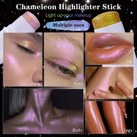 Chameleon Holographic Glitter Shimmer Highlighter Stick, Makeup for Face and Body, Color Changing Glitter Stick Under Light