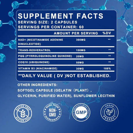 NAD Supplement Extra Strength for Women & Men, Resveratrol, PQQ, CoQ10 & Vitamin B3 – Energy Antioxidant,Cell Health Support