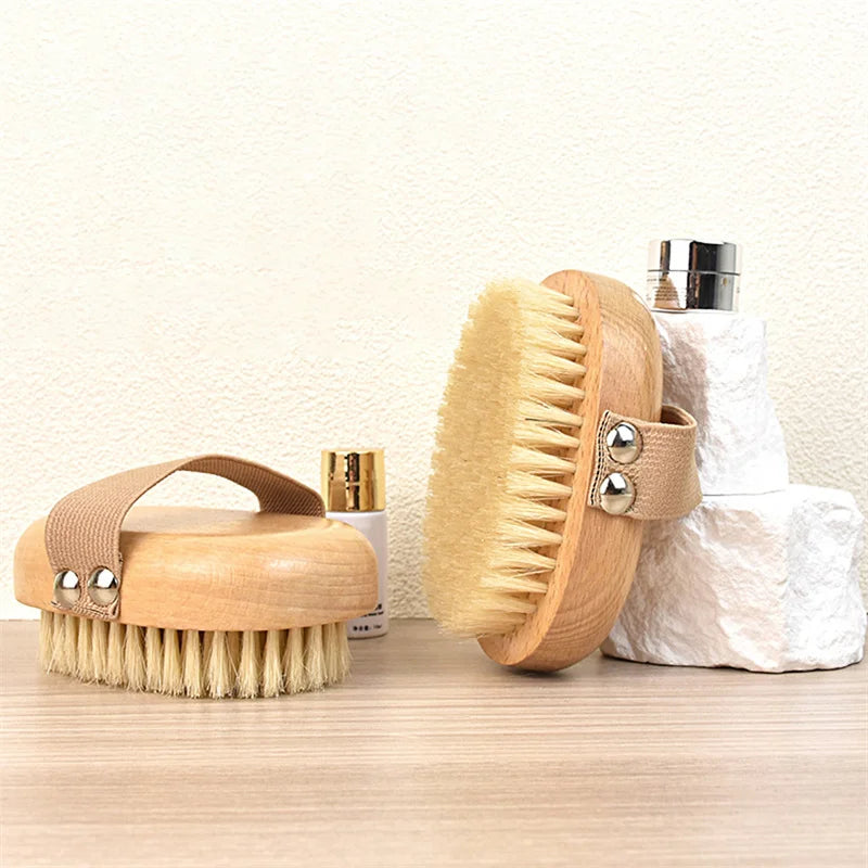 Wet Dry Skin Body Brush Natural Pig Bristles Dry Skin Exfoliating Body Massage Cleaning SPA Tool For Cellulite Lymphatic Drainag
