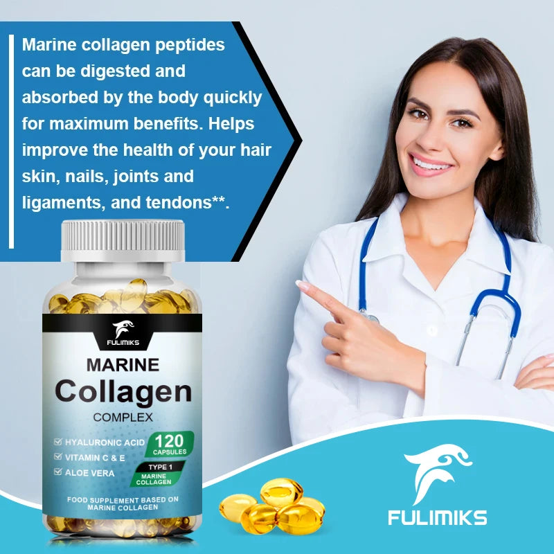 Marine Collagen Capsules, with Hyaluronic Acid & Vitamins, Supports Anti-Aging, Skin Moisture, Hair Growth & Nail Strength