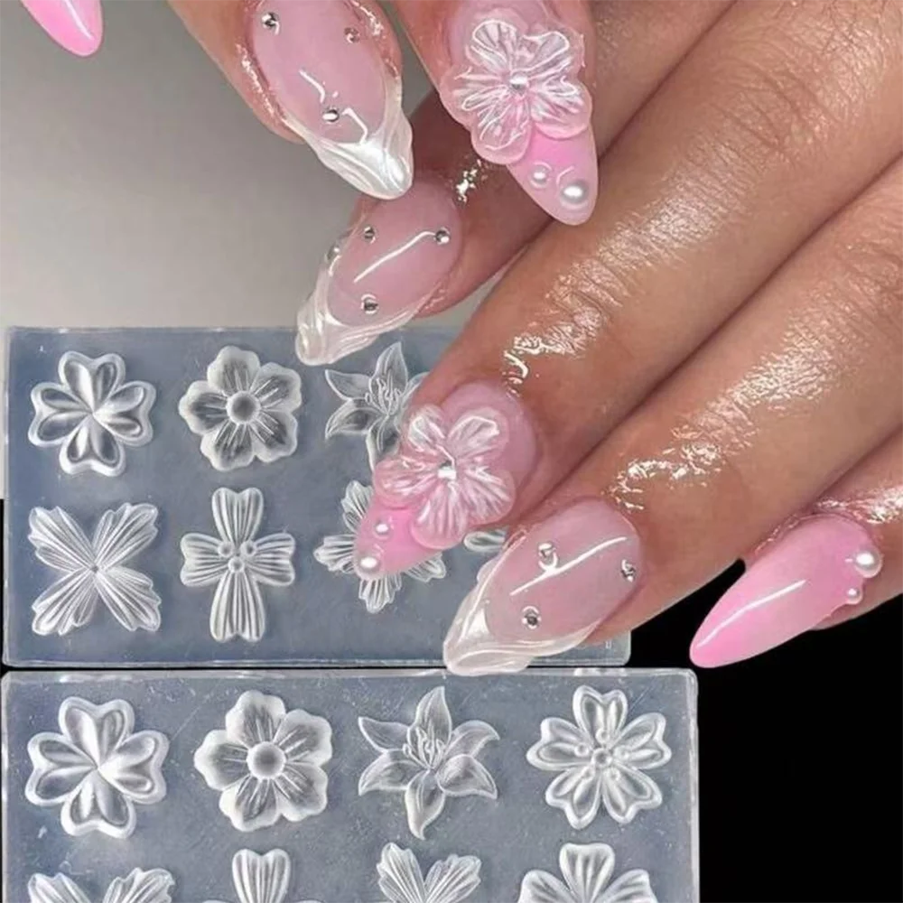 Ice Flower Nail Silicone Mold Lily Five-Petal Flower Nail Transparent Mold 3D Pink Floral Shape Decoration Manicure Design Tools