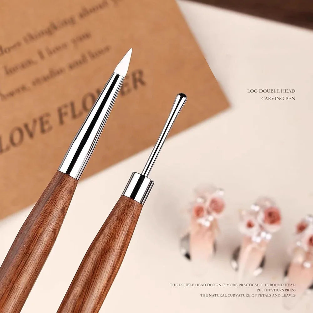 2Pcs Silicone Nail Art Carving Pen Double-Ended Nail Sculpting Tool with Wooden Handle for 3D Gel Modeling Painting and Design