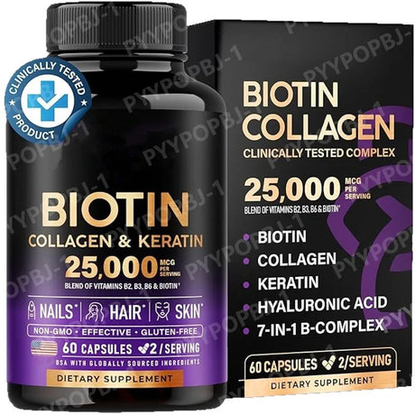 Biotin Capsules Contain Collagen and Vitamin B2, B3, B6 & B7 for Women Men Hair Care Supplements Skin & Nails Support 60 Pieces
