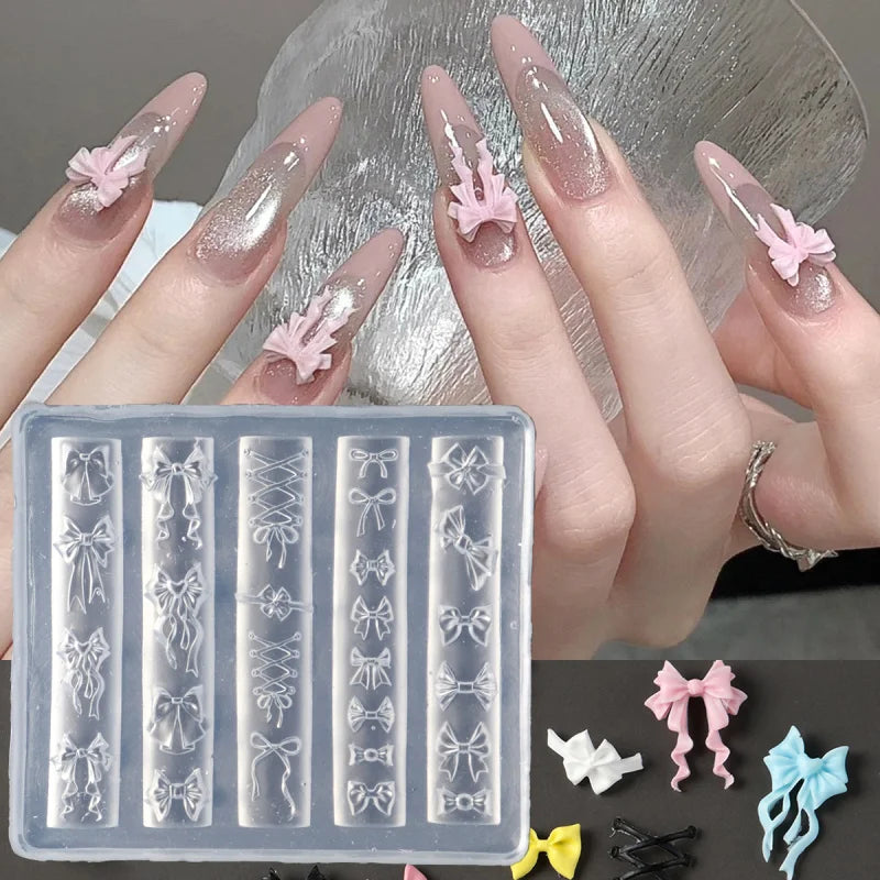 Elegant Bow Silicone Nail Art Molds Cute Bowknot Ribbon 3D Carving Template Gel Printing Stencils Kawaii Japanese Nail Accessory