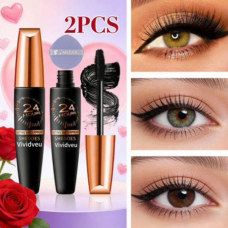 2PCS Waterproof Fiber Mascara + puff, providing curl and volume, long-lasting black formula, waterproof, smudge-resistant, non-s