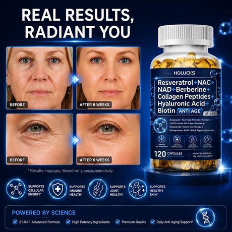 Resveratrol+NAC+NAD+Collagen Peptides+Hyaluronic Acid+Biotin Capsules, Boost Energy & Focus, Anti-Aging, Cellular Vitality