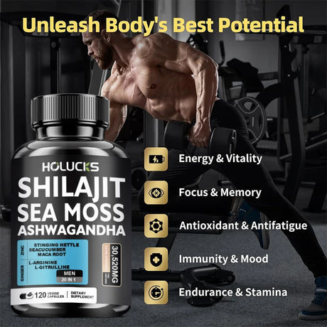 Premium Sea Moss Shilajit Ashwagandha Herbal Capsules, Boost Energy, Immune Support, Enhance Vitality & Overall Wellness