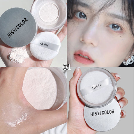Waterproof and sweat-proof loose powder, brightens complexion with highlighting and whitening effects, matte finish.