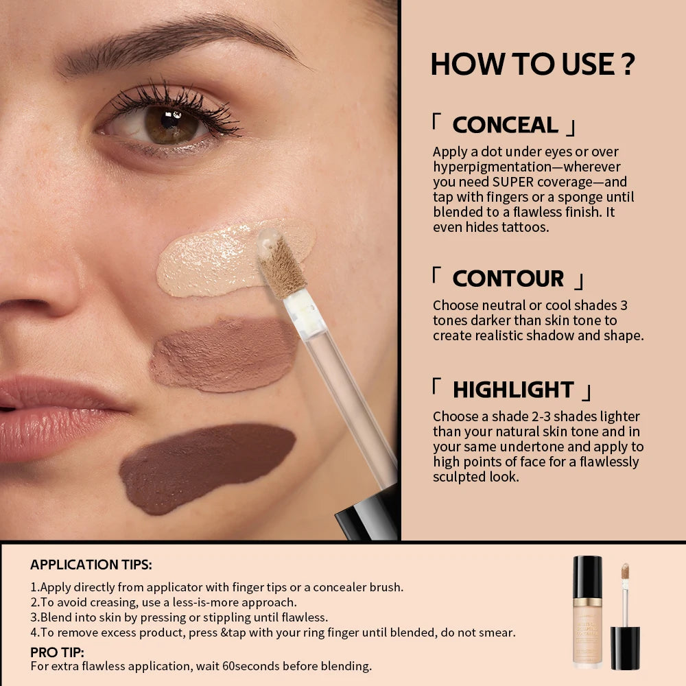 Super Coverage Concealer Multi-Use Cream Oil Free Highlight Covers Dark Circles Long-lasting Natural Matte Finish Long Wear Make