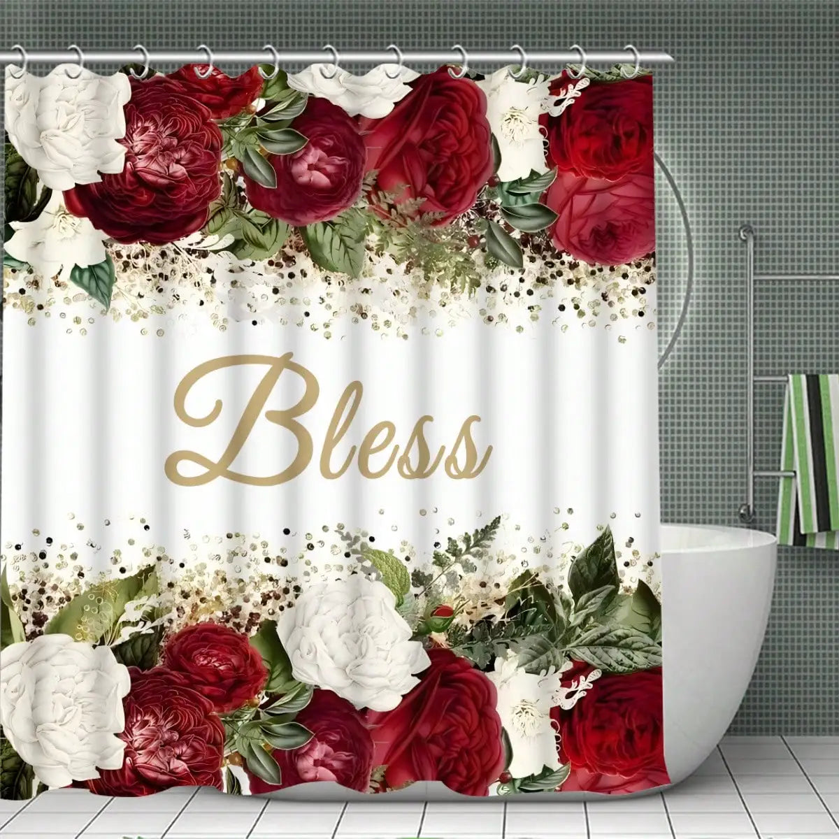 1/4pcs Complete Bathroom Set with Rose Blessing Printed Pattern, Elegant Modern Design for Home Decor, Shower Curtain