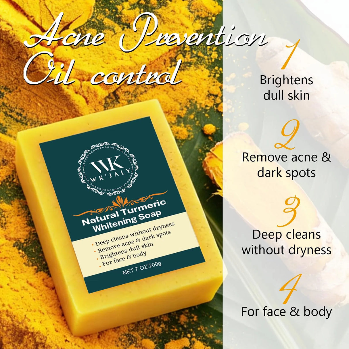 WK JALY Turmeric Lightening Soap Bar, Anti Acne, Dark Spots, With Hyaluronic Acid, Even Skin Tone, For All Skin Types