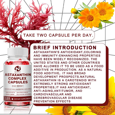 Astaxanthin Complex Capsules 12mg for Brain, Heart, Joint Bone, Eye, Skin, Immune System Health