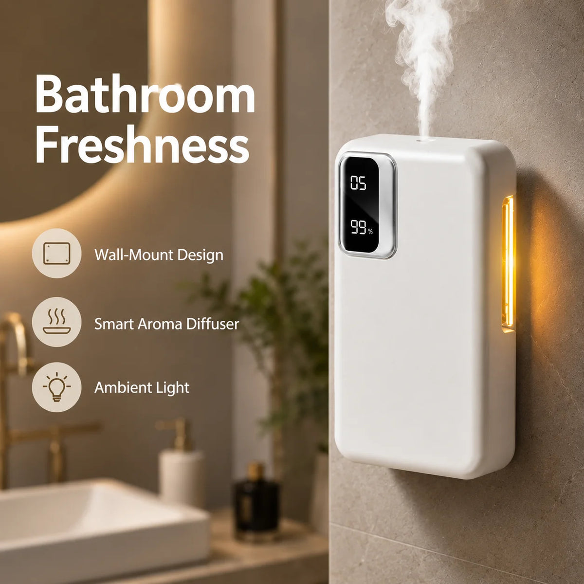 Smart Aroma Diffuser, 1800mAh Rechargeable Aromatherapy Machine, Automatic Fragrance Sprayer, Wall Mounted or Desktop Air Freshener with Ambient Night Light, 7 Spray Levels, 24H Timer for Bathroom Bedroom Office Hotel Home