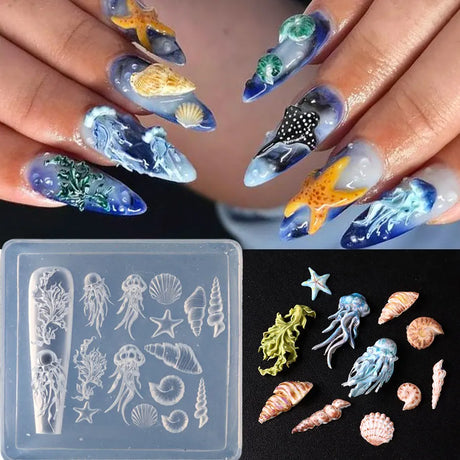 1pc Ocean Series Animal Silicone Mold Sea Shell Conch Nail Stamplates Starfish Seaweed 3D Soft Charm Manicure Mold Stencil Tools