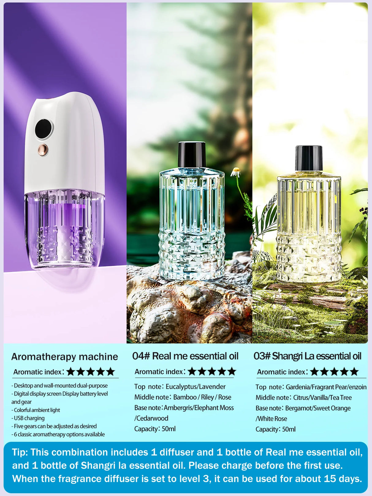 Multi-functional rechargeable portable aroma diffuser essential oil diffuser timer air freshener car home living room bathroom