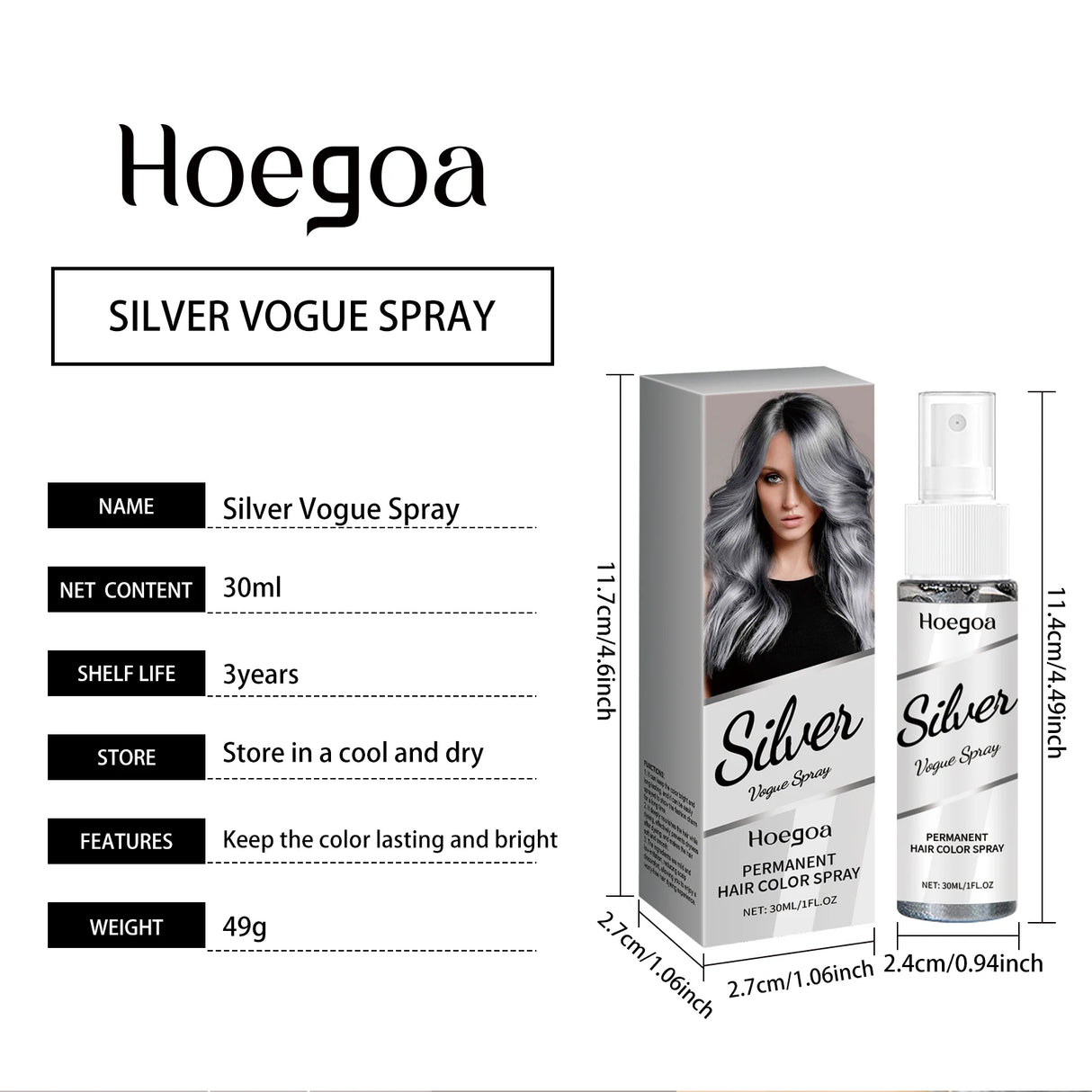 HOEGOA Silver Grey Hair Dye Spray Long-lasting Locking Color Plant Extract Formula Nourishing Roots Hair Care Prevent Dryness