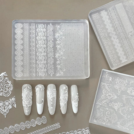 1Pcs 3D Lace Rose Silicone Nail Art Molds Hollow French Checkered Charms Nails Templates DIY Sexy Elegant Laces Manicure Mold Tr